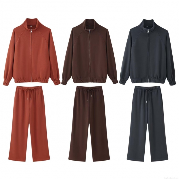 Women's Knit Spandex Two-Piece Set Soft Stand Collar Zipper Sweatshirt Jacket And High Waist Wide Leg Pants Solid Color Loungewear Outfits For Autumn Winter