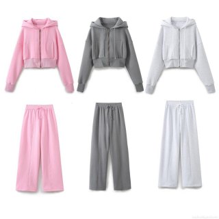 Women's Casual Cotton Blend Two Piece Set Hooded Zip Up Cropped Sweatshirt And Wide Leg Pants Set Solid Color Loungewear Tracksuit For Women