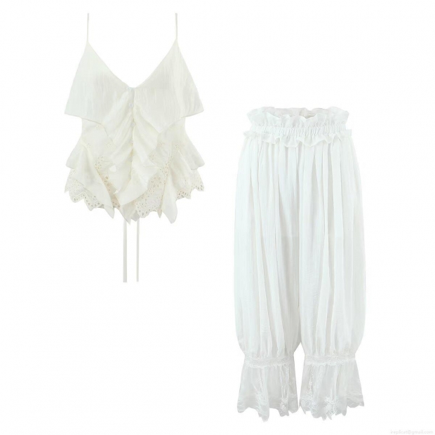 Women's Summer 2 Piece Set Ruffle V-Neck Camisole And Lace Trim Lantern Pants Casual French Bohemian Streetwear Sleeveless Top Loose Trousers Outfit