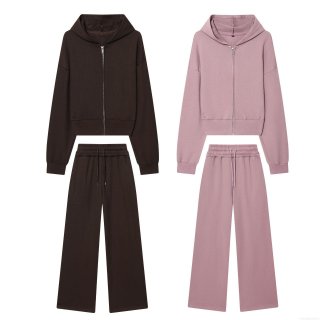 Women's Casual Cotton Blend Hooded Cropped Sweatshirt and Straight Leg Pants Set Fashion Solid Color Zip Up Hoodie Two Piece Loungewear For Women Streetwear