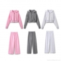 Women's Sporty Casual Short Hooded Zipper Sweatshirt And High Waist Wide Leg Pants Set Cotton Polyester Blend Lounge Tracksuit Activewear