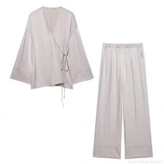 Women's Silver Grey Satin Pleated Two Piece Set Long Sleeve Kimono Wrap Top And Wide Leg Pants Casual Loungewear Pajama Outfit For Streetwear