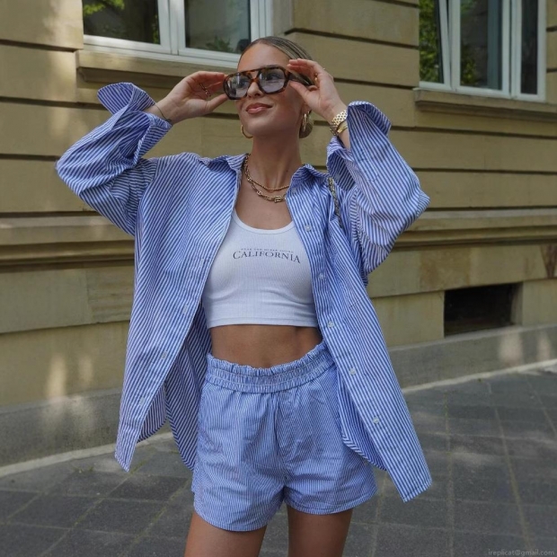 Women Casual Striped Shirt And Shorts Set 100% Polyester Long Sleeve Button Down Blouse High Waist Drawstring Shorts Summer Beach Loungewear Outfit