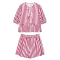 Women's Striped 100% Polyester Two Piece Set With Bow Tie Ruffle Puff Sleeve Top And Drawstring Waist Shorts Casual Loungewear Pajamas