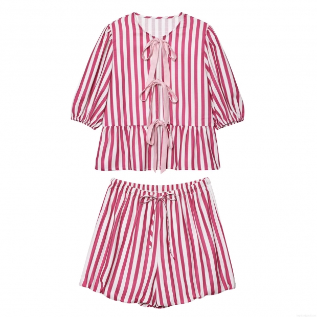 Women's Striped 100% Polyester Two Piece Set With Bow Tie Ruffle Puff Sleeve Top And Drawstring Waist Shorts Casual Loungewear Pajamas