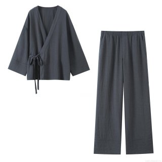 Women's Casual Two Piece Loungewear Set Japanese Kimono Style Lace Up Wrap Top And Wide Leg Pants Solid Color Cotton Linen Feel Outfit Streetwear