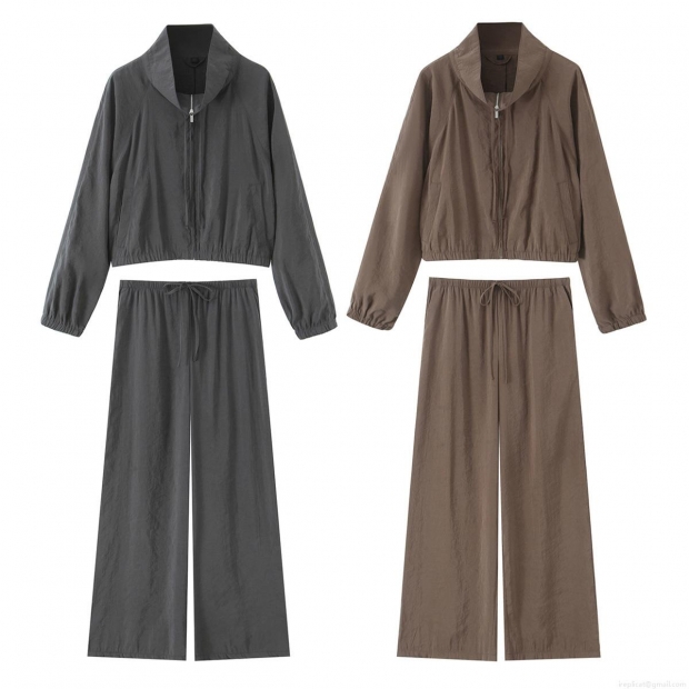 Women's Casual 2 Piece Outfits Micro Wrinkle Zip Up Hooded Jacket And High Waist Wide Leg Pants Set Streetwear Loungewear Tracksuit