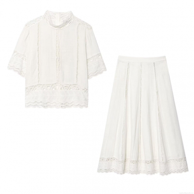 Women's Two Piece Set Crochet Hollow Out Short Sleeve Stand Collar Top And A-Line Midi Skirt Cotton Blend Casual Streetwear White Outfit