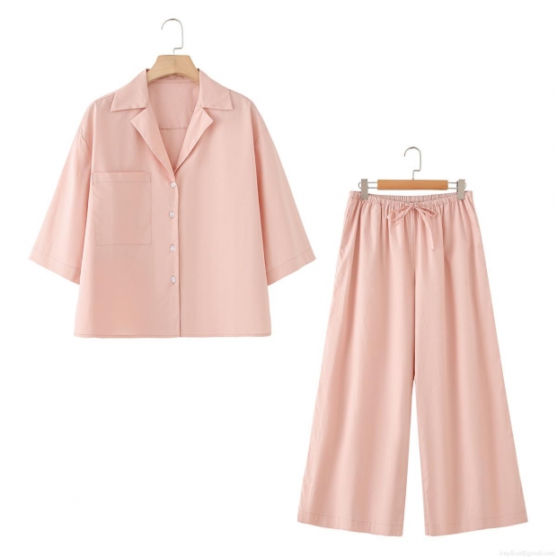 Women's 100% Cotton Two Piece Set Short Sleeve Lapel Button Up Shirt And High Waist Wide Leg Pants Loungewear Casual Loose Pajama Set Summer Clothing