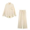 Elegant Satin Loungewear Two-Piece Set For Women Polyester Satin Button-Down Long Sleeve Shirt With Pocket And Matching Wide-Leg Drawstring Pants Casual Outfits Set Cream Beige