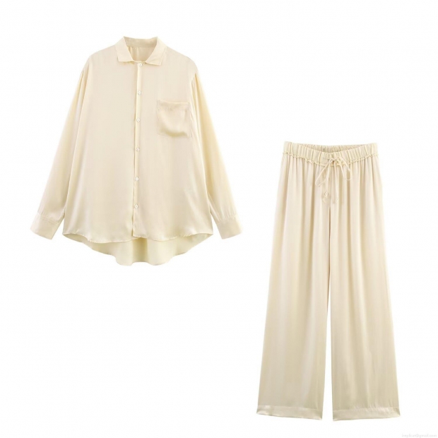 Elegant Satin Loungewear Two-Piece Set For Women Polyester Satin Button-Down Long Sleeve Shirt With Pocket And Matching Wide-Leg Drawstring Pants Casual Outfits Set Cream Beige