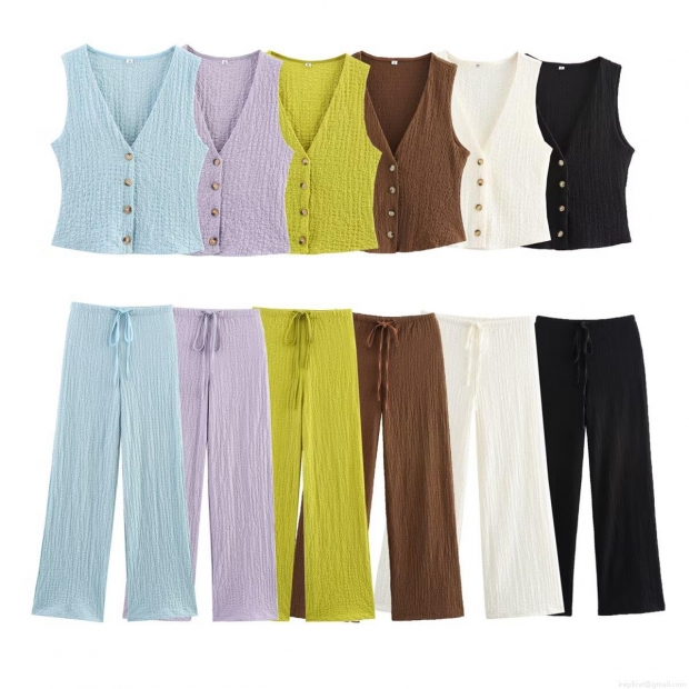 Women's Casual 2 Piece Set V Neck Button Down Sleeveless Vest and Drawstring Wide Leg Pants Textured Seersucker Polyester Summer Outfits