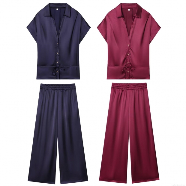 Women's Elegant Satin Silk-Like Short Sleeve V-Neck Shirt And Wide Leg Pants Two Piece Set Casual Loose Streetwear Loungewear Suit With Waist Tie