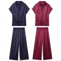 Women's Satin Silk Texture 2 Piece Set V-Neck Short Sleeve Button Up Belted Shirt And Wide Leg Long Pants Leisure Pajama Loungewear Suit For Women