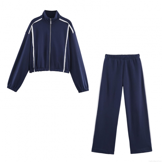 Women's Casual Two Piece Loungewear Set Cotton Blend Knitted Zipper Stand Collar Jacket with White Lace Trim and Wide Leg Pants Autumn Fashion Tracksuit