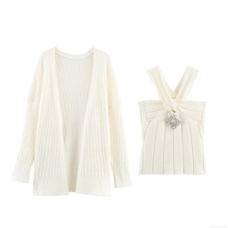 Women's 2 Piece Knit Set Long Sleeve Ribbed Cardigan And Rhinestone Brooch Cross Halter Camisole Casual Solid Color Soft Knitted Outfits