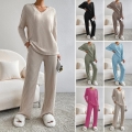 Women's Ribbed Knit 2-Piece Loungewear Set Loose V-Neck Long Sleeve Top and Wide Leg Pants Casual Fall Winter Outfit