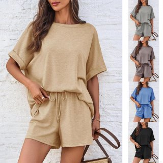 Women's Casual Two-Piece Outfits Set Oversized Batwing Short Sleeve T-Shirt And Drawstring Shorts Loungewear Polyester Spandex Soft Tracksuit For Summer Women Daily Home Wear