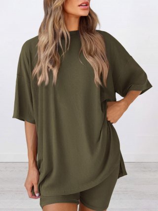 Women's Two-Piece Loungewear Set Oversized Ribbed Knit Round Neck Short Sleeve T-Shirt And High Waist Cycling Shorts Casual Summer Sporty Home Outfit