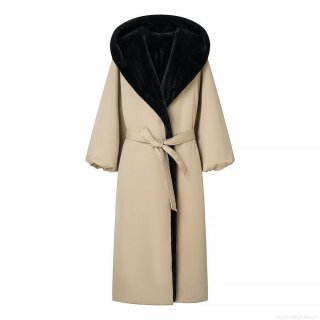 Women's Fashion Khaki Hooded Long Padded Jacket With Faux Fur Collar And Waist Tie Belt Winter Warm Streetwear Outerwear Plus Size Trench Overcoat