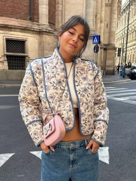 Women's Reversible Floral Print Quilted Jacket Stand Collar Cropped Padded Coat With Contrast Trim Vintage Streetwear Autumn Outwear