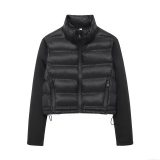 Women's Stand Collar Quilted Padded Jacket Lightweight Patchwork Full Zip Outwear Autumn Winter Casual Streetwear Short Bomber Coat Solid Black