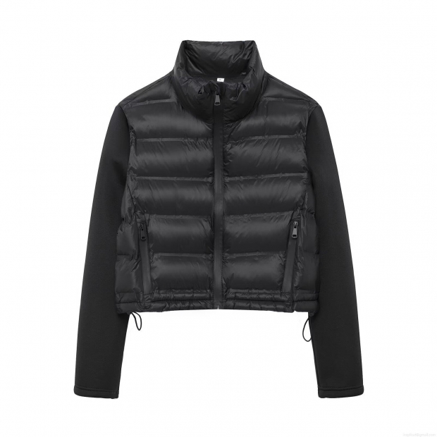 Women's Stand Collar Quilted Padded Jacket Lightweight Patchwork Full Zip Outwear Autumn Winter Casual Streetwear Short Bomber Coat Solid Black