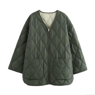 Women's Quilted Padded Jacket Oversized V-Neck Zipper Outerwear Coat Autumn Winter Casual Streetwear Warm Pockets Olive Green Cotton Blend Long Sleeve Parka