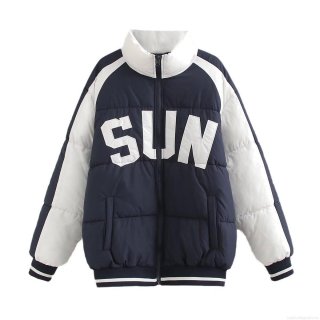 Women's Fashion Color Block Puffer Jacket Winter Warm Polyester Cotton Padded Coat With Sun Letter Embroidery Standing Collar Streetwear Outerwear