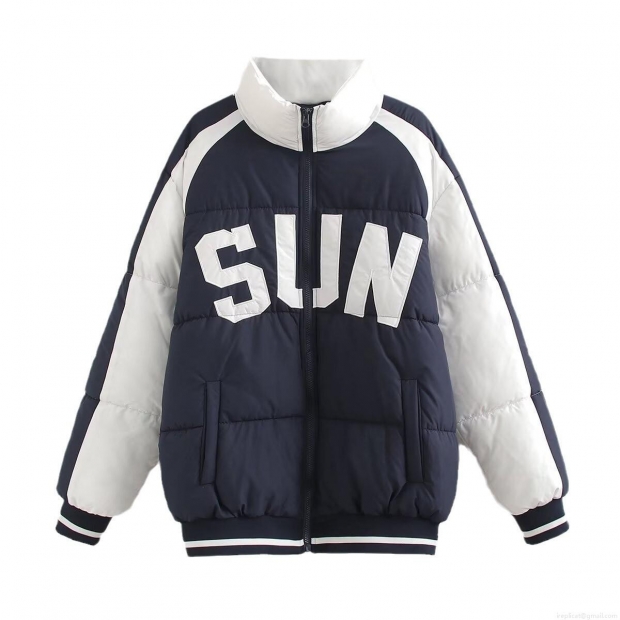 Women's Fashion Color Block Puffer Jacket Winter Warm Polyester Cotton Padded Coat With Sun Letter Embroidery Standing Collar Streetwear Outerwear