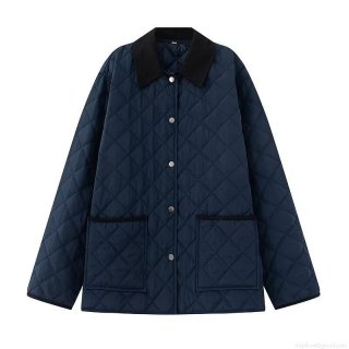 Women Navy Blue Diamond Quilted Jacket Contrast Corduroy Lapel Single Breasted Padded Coat With Pockets Casual Winter Streetwear Outwear For Women