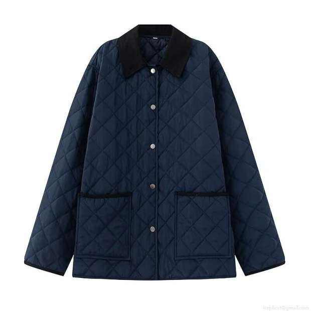 Women Navy Blue Diamond Quilted Jacket Contrast Corduroy Lapel Single Breasted Padded Coat With Pockets Casual Winter Streetwear Outwear For Women