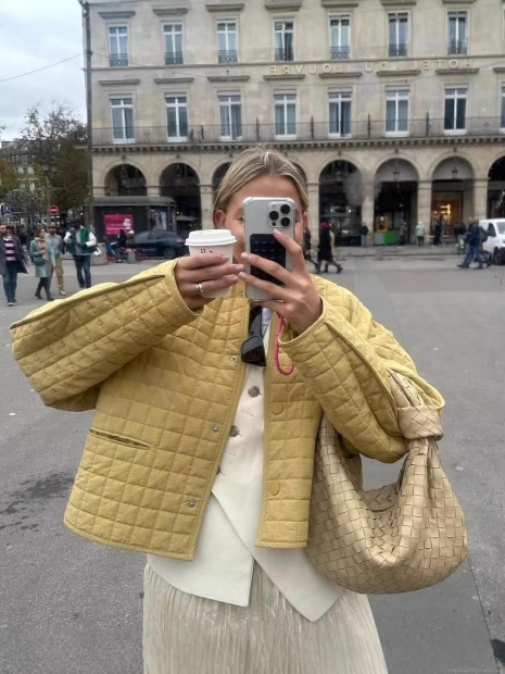 Women's European Street Style Quilted Padded Jacket 100% Polyester Lightweight Warm Round Neck Single Breasted Diamond Pattern Loose Fit Outerwear For Winter Daily Street Travel Ladies