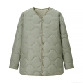 Women's Winter European Street Style Round Neck Long Sleeve Wave Quilted Jacket Lightweight Padded Cotton Coat With Buttons Solid Sage Green Casual Outerwear