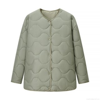 Women's Winter European Street Style Round Neck Long Sleeve Wave Quilted Jacket Lightweight Padded Cotton Coat With Buttons Solid Sage Green Casual Outerwear