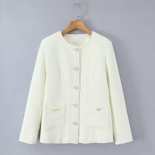 Women's Elegant Creamy White Tweed Jacket Padded Cotton Coat With Pearl Buttons Round Neck Long Sleeve Winter Outerwear Quilted Lining Warm Puffer Jacket For Women