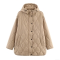 Women's Khaki Hooded Quilted Jacket Loose Fit Mid-Length Warm Winter Puffer Coat With Snap Buttons And Zipper Solid Color Streetwear Padded Outerwear