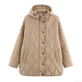 Women's Khaki Hooded Quilted Jacket Loose Fit Mid-Length Warm Winter Puffer Coat With Snap Buttons And Zipper Solid Color Streetwear Padded Outerwear