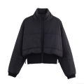 Women's Short Puffer Jacket Stand Collar Solid Black Quilted Padded Coat With Polyester Fiber Fill Warm Winter Outwear Streetwear Zip Up Jacket For Women