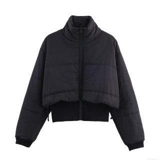 Women's Short Puffer Jacket Stand Collar Solid Black Quilted Padded Coat With Polyester Fiber Fill Warm Winter Outwear Streetwear Zip Up Jacket For Women