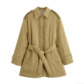 Women Winter Padded Trench Coat Khaki Polyester Twill Belted Waist Slimming Outerwear Solid Color Lapel Windproof Warm Jacket For Women