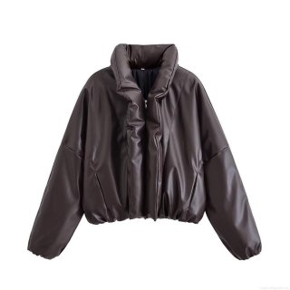 Women's Winter PU Faux Leather Puffer Jacket Large Lapel Zipper Oversized Padded Coat Warm Streetwear Casual Outerwear For Women