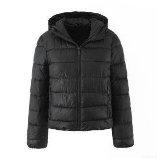 Women's Hooded Padded Puffer Jacket Polyester Lightweight Horizontal Quilted Winter Coat Solid Black Full Zip Windproof Outerwear With Pockets
