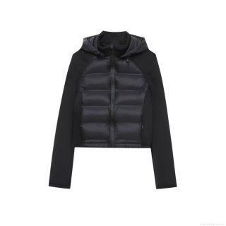 Women's Black Hooded Puffer Jacket Polyester Quilted Spliced Zipper Coat Casual Streetwear Autumn Winter Outerwear For Women Warm Long Sleeve Top