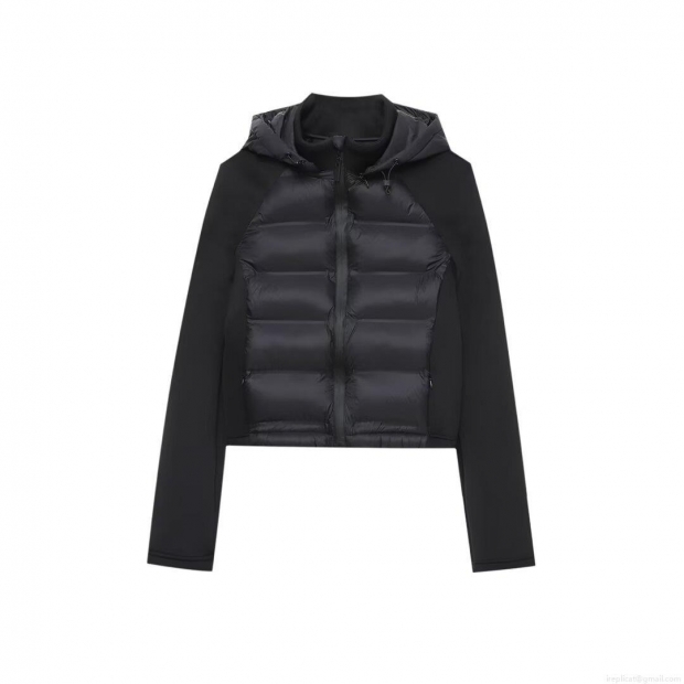 Women's Black Hooded Puffer Jacket Polyester Quilted Spliced Zipper Coat Casual Streetwear Autumn Winter Outerwear For Women Warm Long Sleeve Top