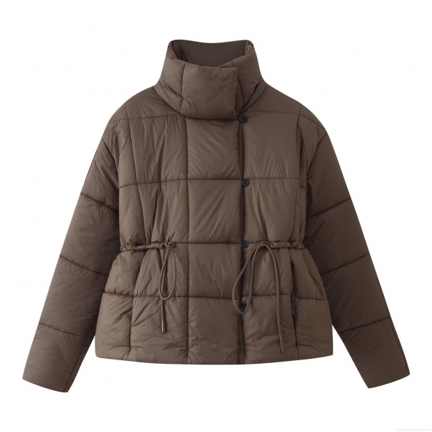 Women's Short Quilted Puffer Jacket With Stand Collar And Drawstring Waist Warm Winter Casual Padded Coat For Women