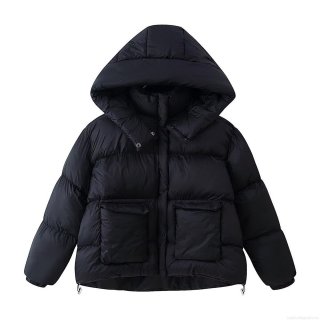 Women's Winter Hooded Cotton Jacket Loose Solid Color Warm Bread Puffer Coat With Pockets Casual Outdoor Padded Overcoat For Women