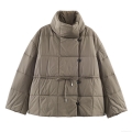 Women's Casual Quilted Padded Jacket High Stand Collar Warm Winter Cotton Coat With Adjustable Belt Drawstring Waist Short Loose Fit Outerwear