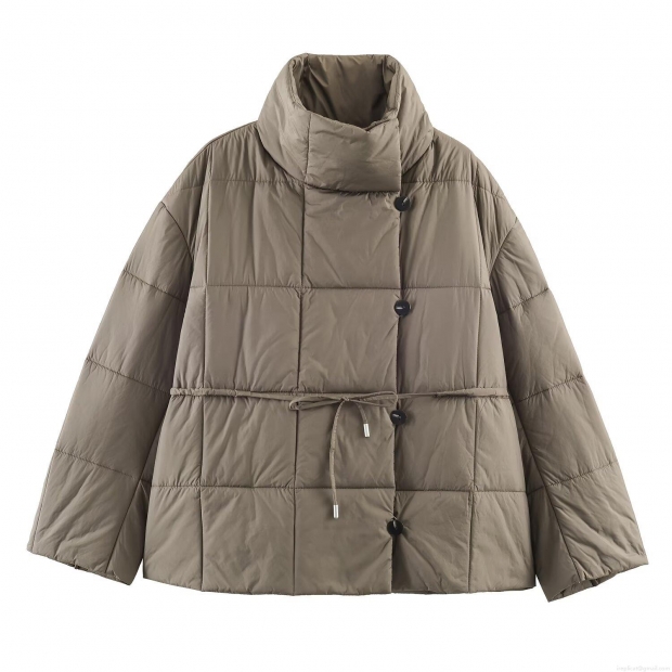 Women's Casual Quilted Padded Jacket High Stand Collar Warm Winter Cotton Coat With Adjustable Belt Drawstring Waist Short Loose Fit Outerwear