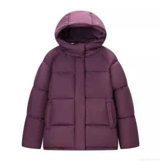 Women's Casual Hooded Puffer Jacket Solid Purple Winter Warm Cotton Padded Coat Loose Long Sleeve Quilted Outerwear With Zipper Pockets Bread Style Jacket